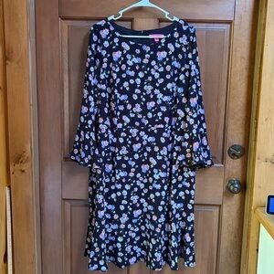 Betsey Johnson Black Dress with Floral Accents and Bell Sleeves Size 16W